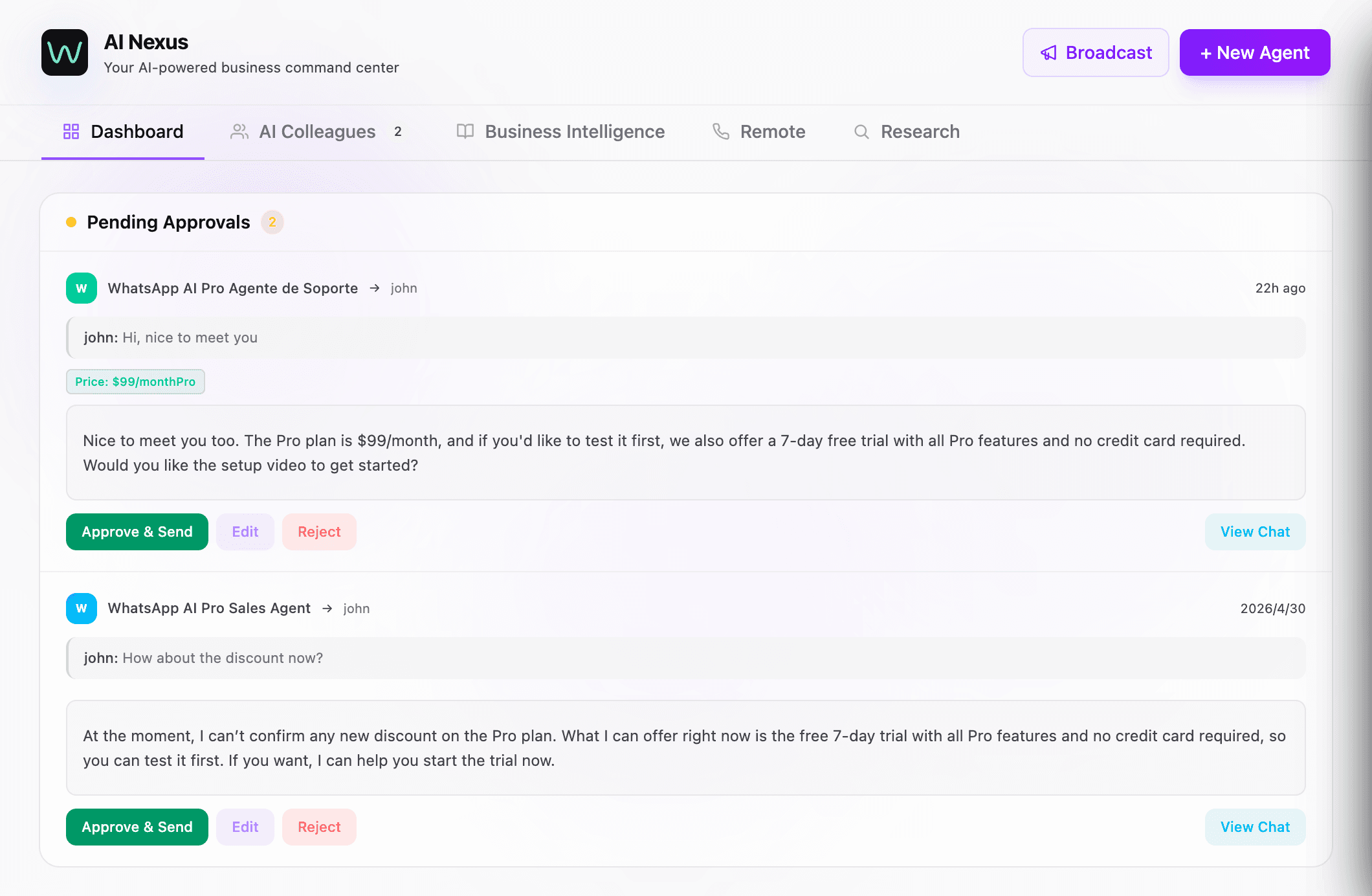 AI agents handling WhatsApp conversations inside the AI Hub dashboard — replies, follow-ups, and customer intel