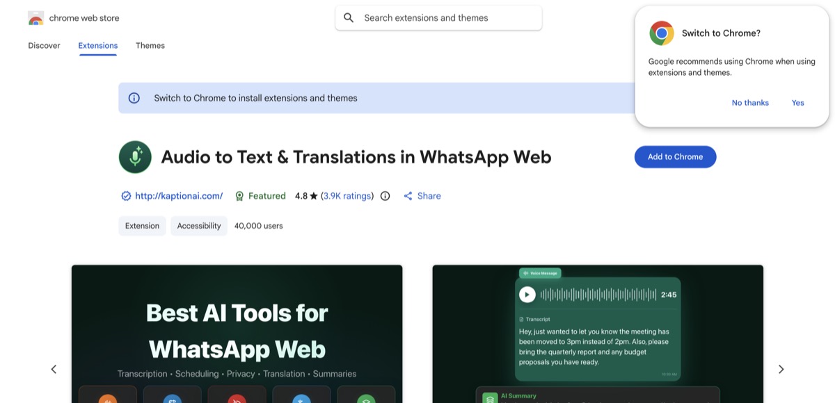 Kaption (Audio to Text & Translations) listing on the Chrome Web Store showing a 4.8-star rating and 40,000 users
