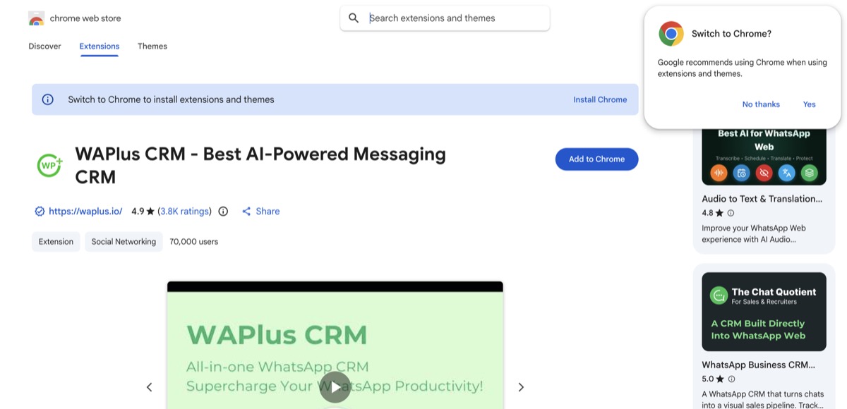 WAPlus CRM listing on the Chrome Web Store showing a 4.9-star rating from 3.8K ratings and 70,000 users