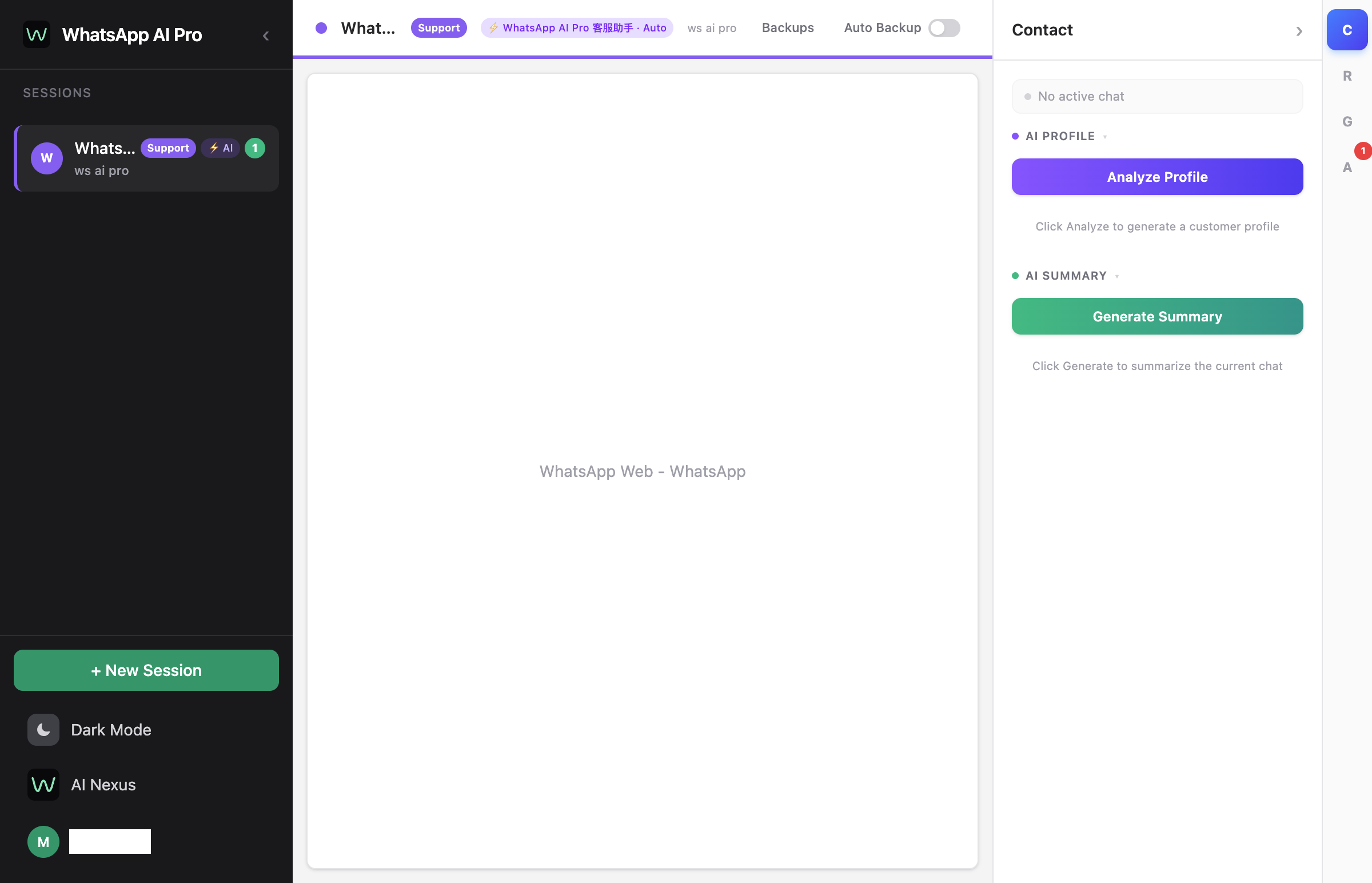 WhatsApp AI Pro main interface showing conversation list and instant AI-powered replies
