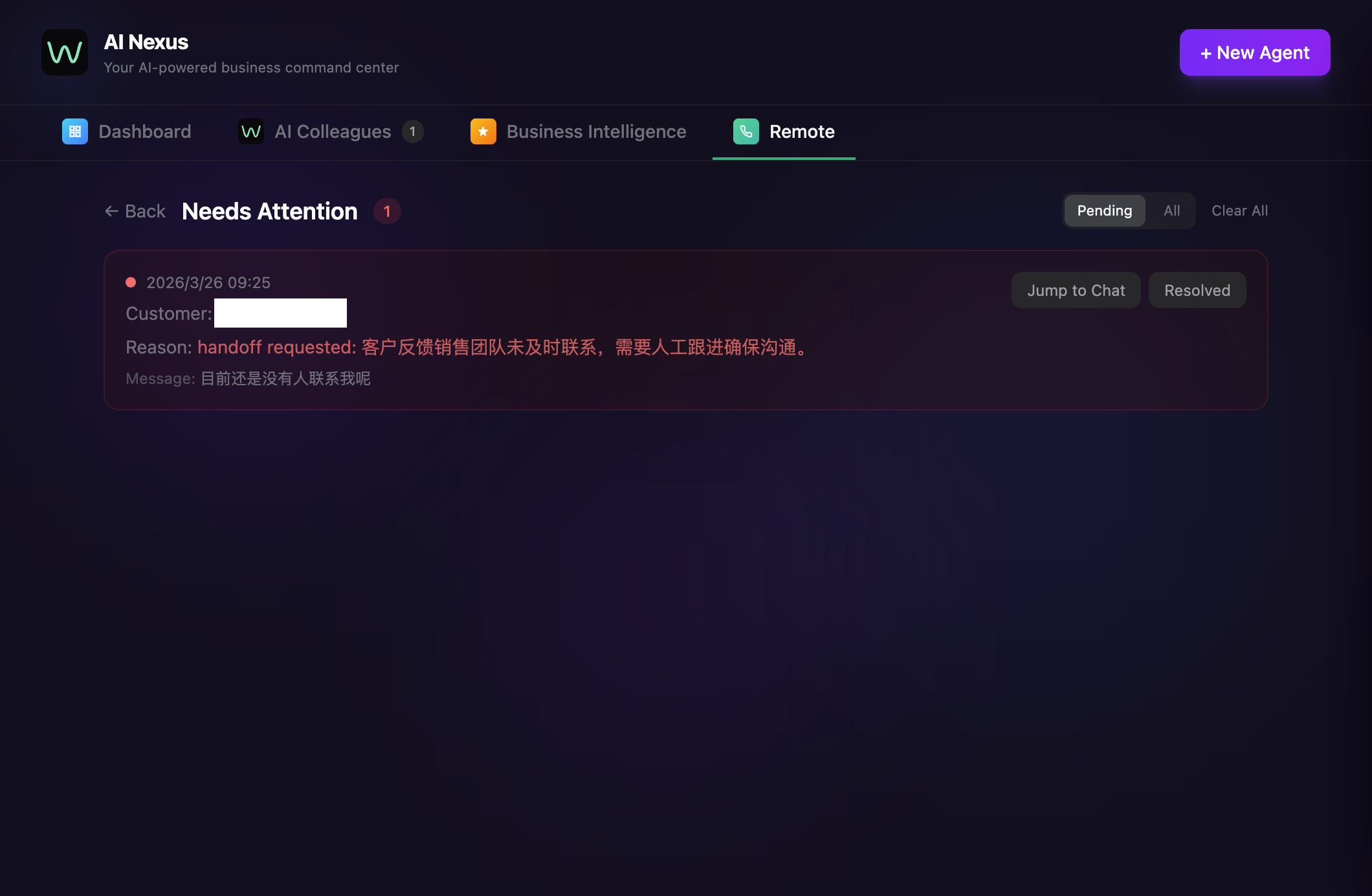 Remote operations tab showing Needs Attention handoff list for conversations requiring human review