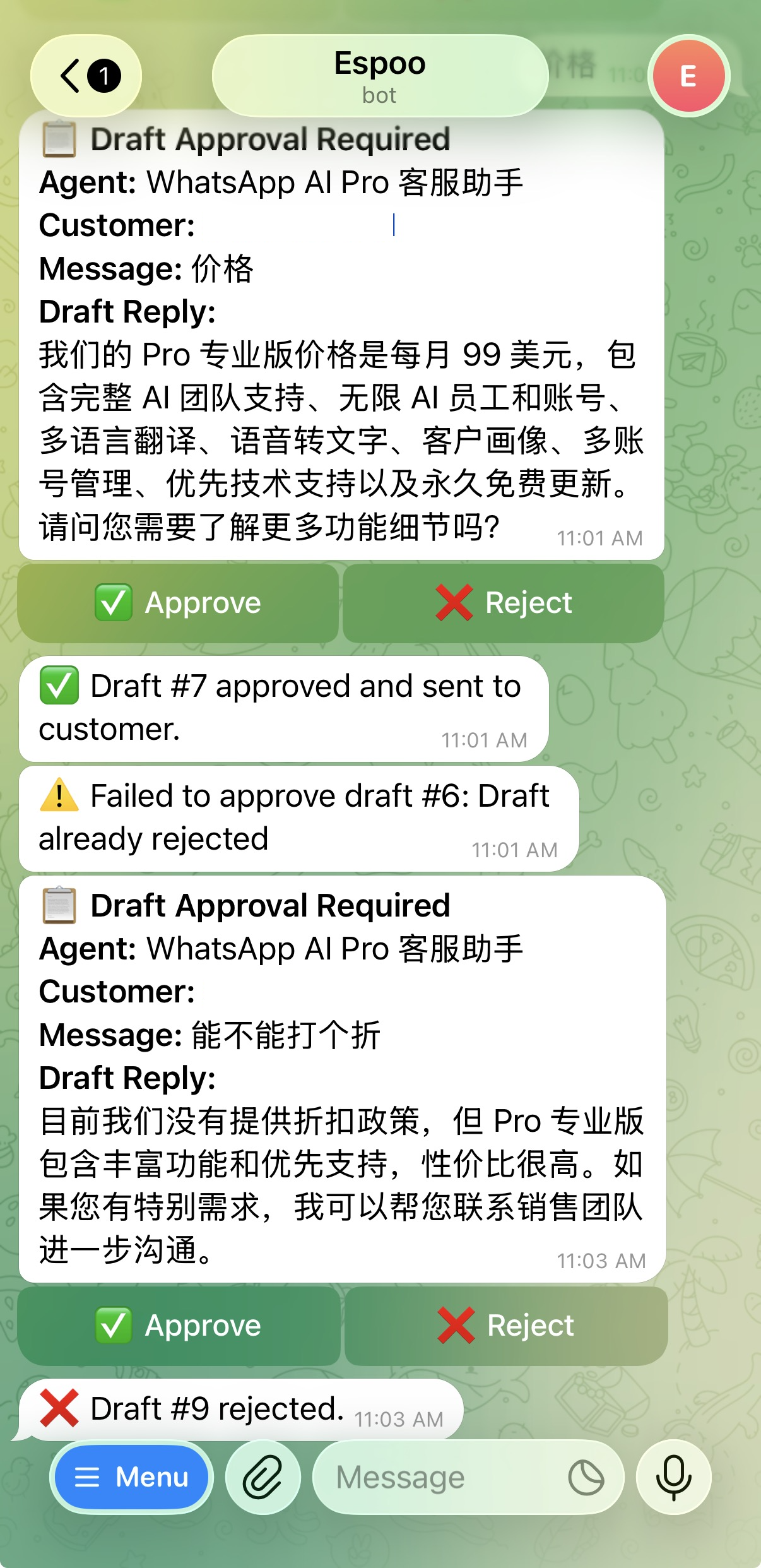 Telegram bot showing Draft Approval Required notification with Approve and Reject buttons