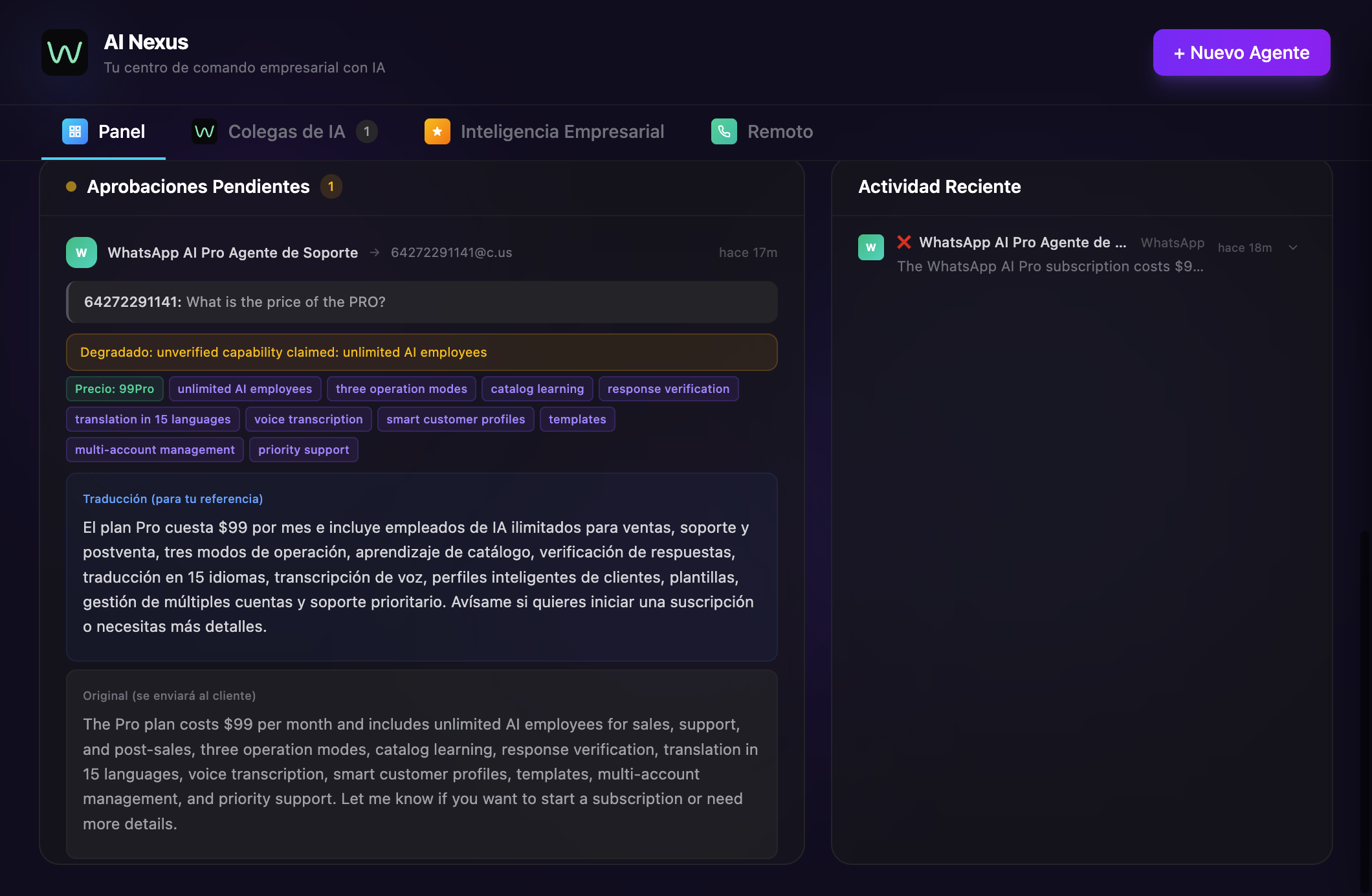 Panel principal del AI Hub