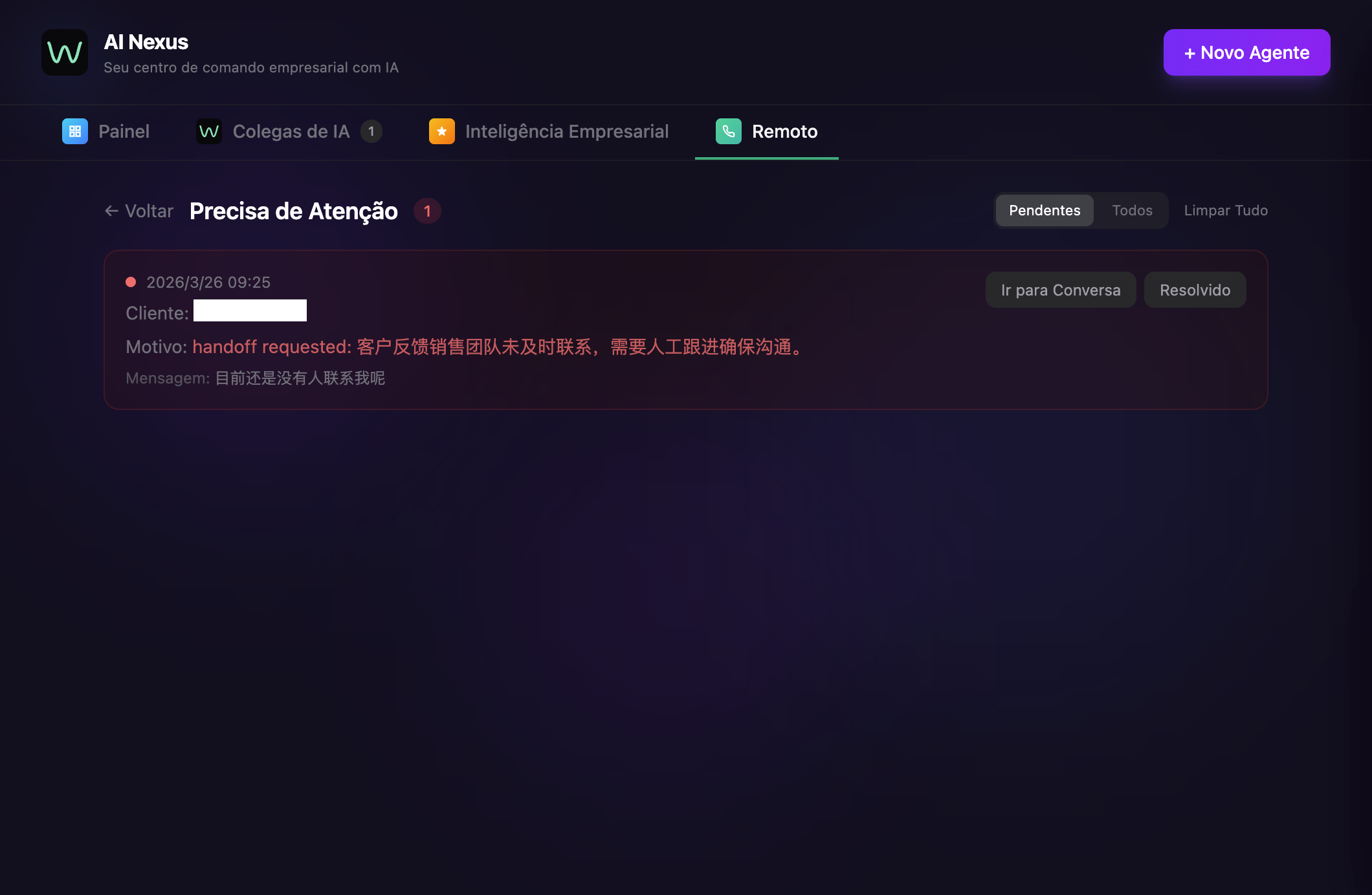 Lista de conversas com transferência para humano